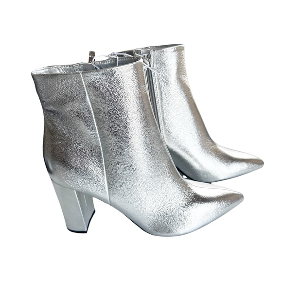 NEW MARC FISHER SILVER Metallic POINTED TOE BLOCK HEEL BOOT ZIPPER - Picture 5 of 7